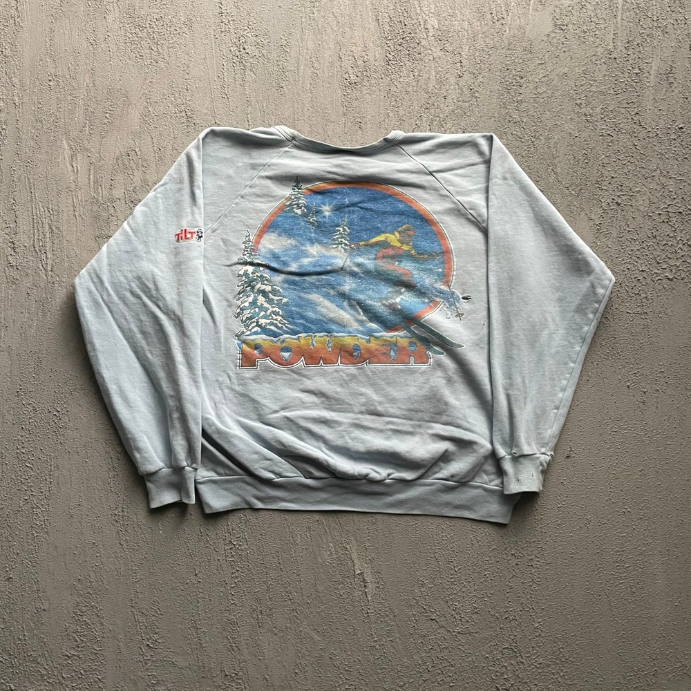 Vintage Powder St. Moritz Graphic Sweatshirt Mens XL Light Blue 80s Tilt